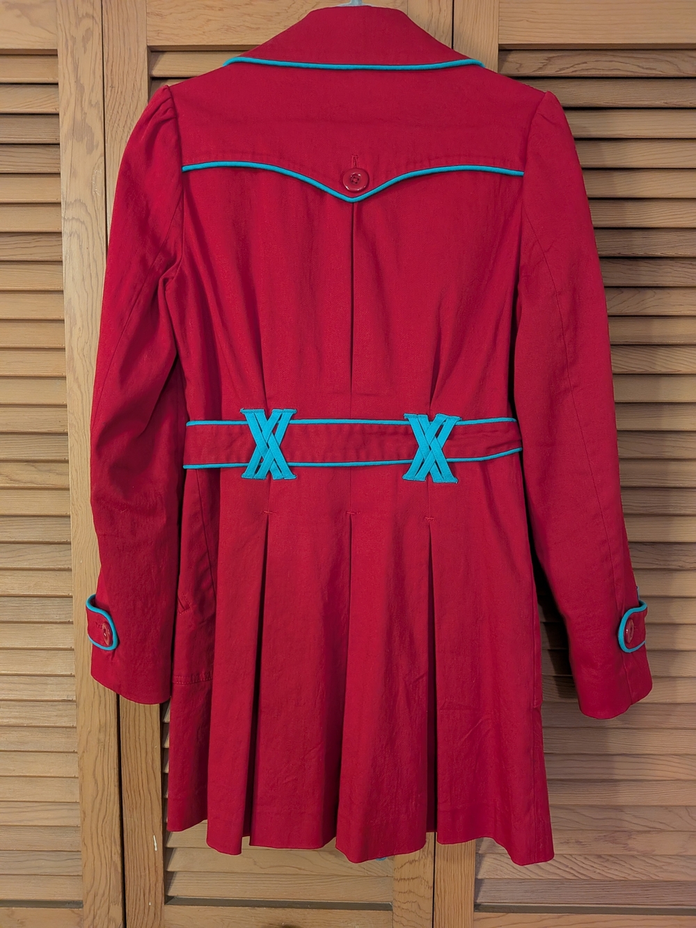 Bright Red Trench Coat with Turquoise Trim - Brand: Ruby Belle (For Modcloth) - Picture 3 of 5